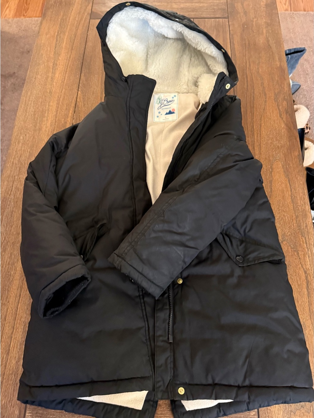 J Crew Black Hooded Winter Parka Jacket with Sherpa Lining